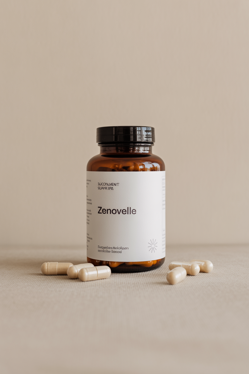 Zenovelle supplement bottle on a neutral surface with soft lighting